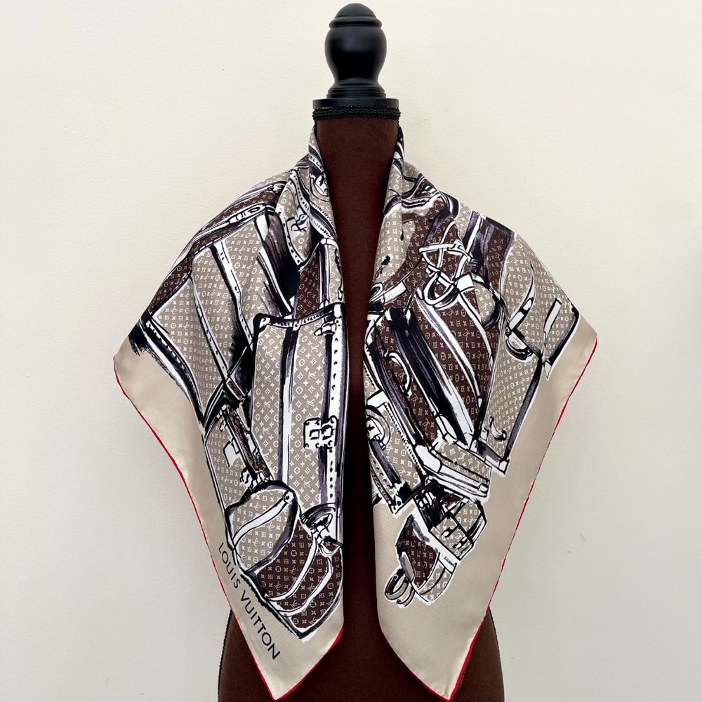 Louis Vuitton Scarf Trunks Monogram Beige Brown Silk Wrap - Picture 3 of 14